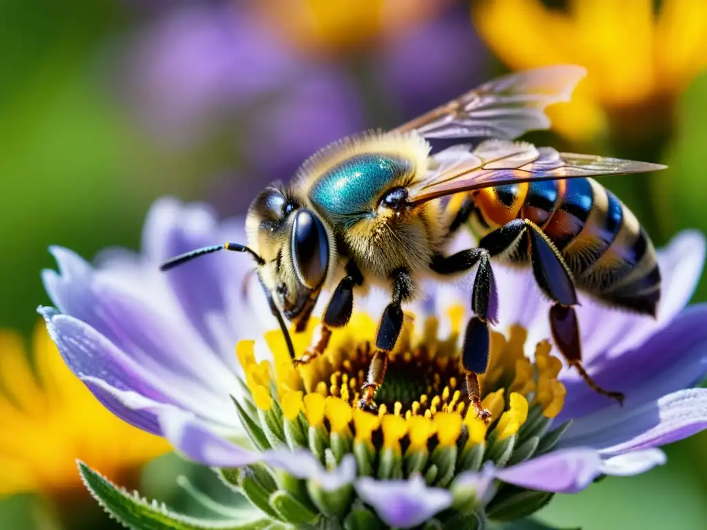 Detalle ultra-alta resolución de abeja cubierta de polen cerca de una flor morada