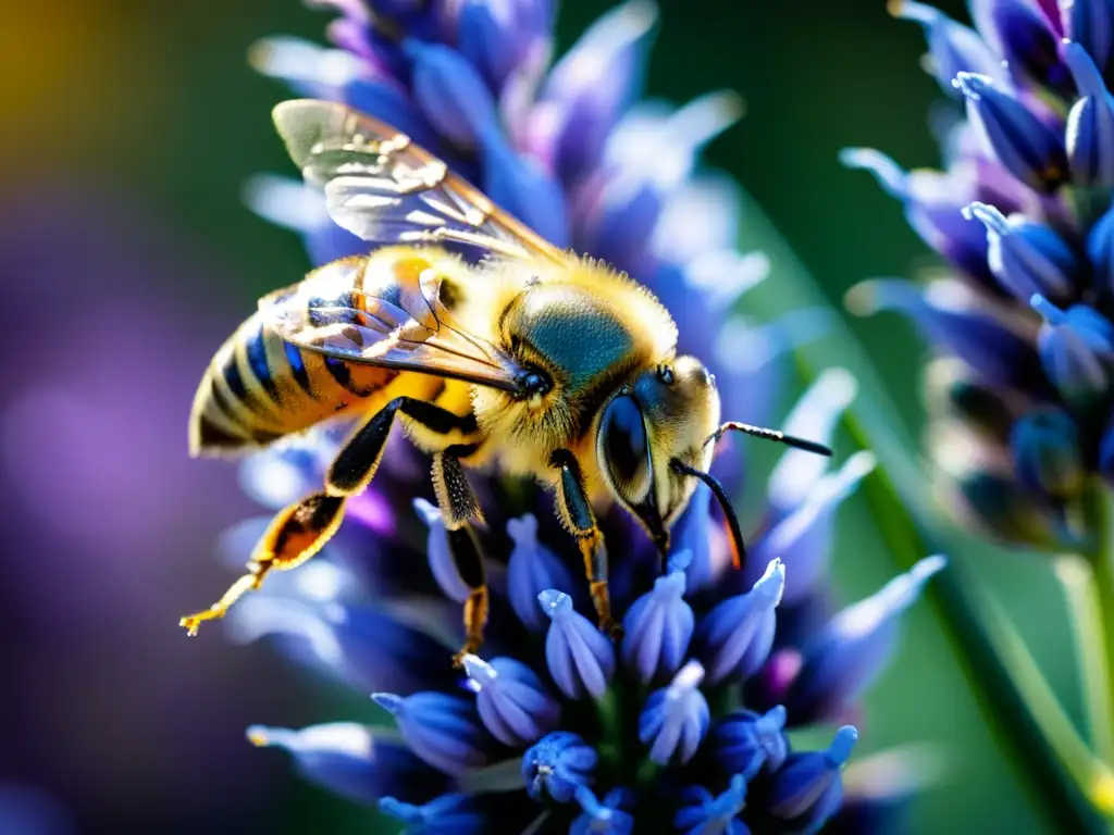 Detalle de abeja polinizadora cubierta de polen sobre flor de lavanda, resaltando importancia abejas en polinización de alimentos orgánicos