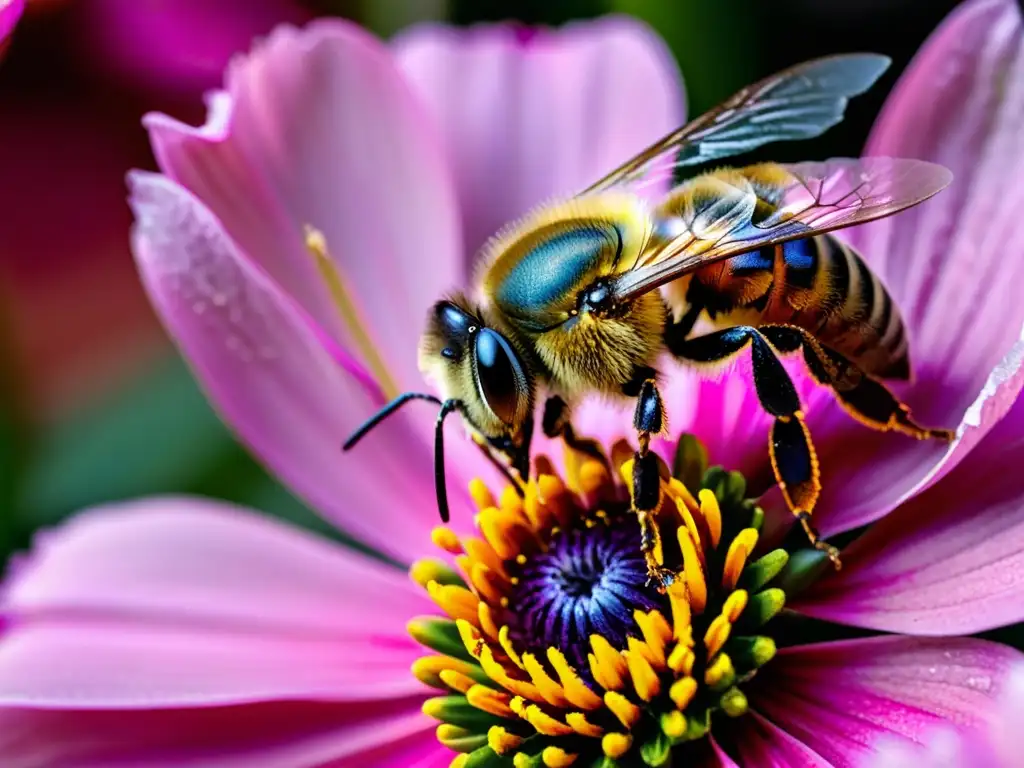 Detalle de abeja polinizadora en flor urbana, resaltando la importancia abejas polinizadoras en ciudad