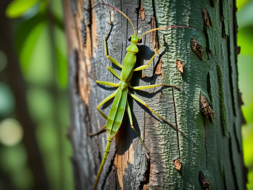 Detalle en alta resolución de un insecto palo mimetizándose con la corteza de un árbol