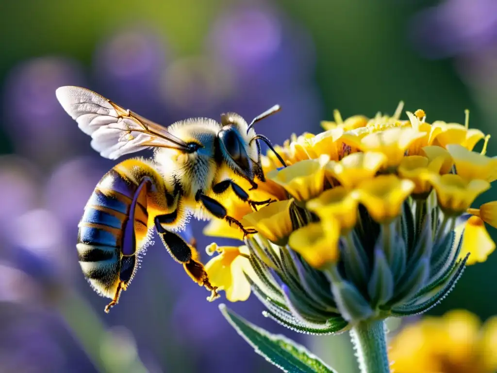 Detalle asombroso de una abeja cubierta de polen amarillo, polinizando una flor de lavanda en un paisaje mediterráneo