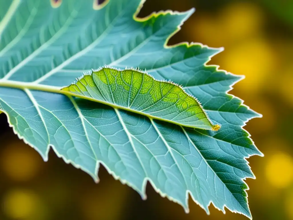 Detalle asombroso de fitofagia y evolución de plantas: una oruga devora una hoja, mostrando la complejidad de la relación entre herbívoro y planta