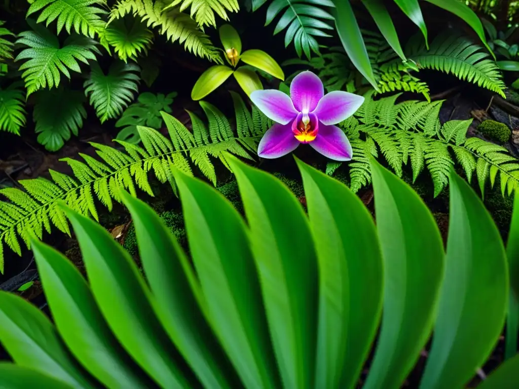 Detalle asombroso de la flora en el piso del bosque tropical, fotografiando la biodiversidad del ecosistema con luz solar filtrada y colores vibrantes