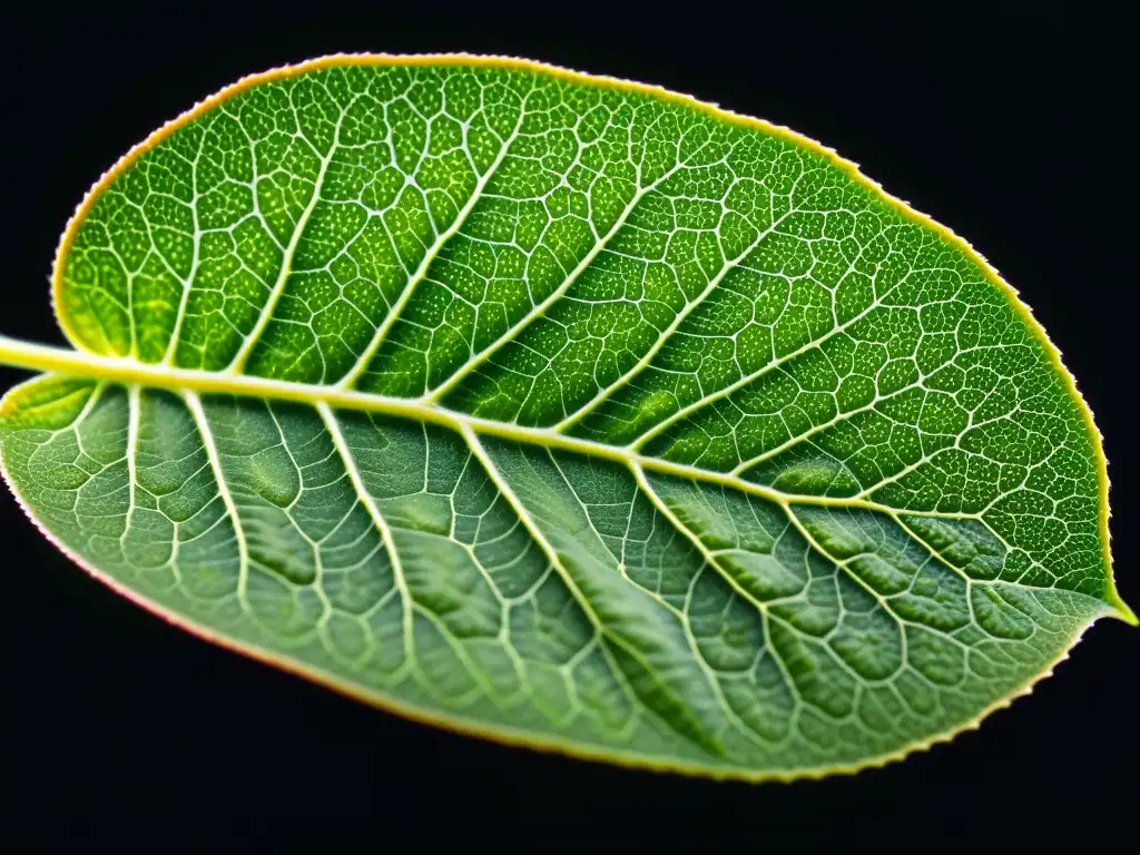 Detalle asombroso de una hoja mostrando la compleja red de venas y células, con cloroplastos visibles bajo microscopio