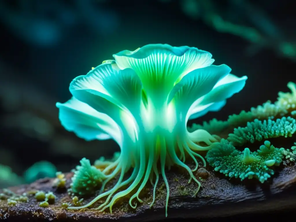 Detalle asombroso de un hongo bioluminiscente en la cueva, emitiendo luz azulverdosa en la oscuridad húmeda