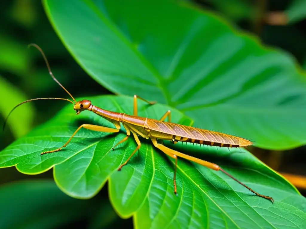 Detalle asombroso de un insecto palo camuflado en la exuberante selva tropical, destacando su adaptación al camuflaje en la naturaleza