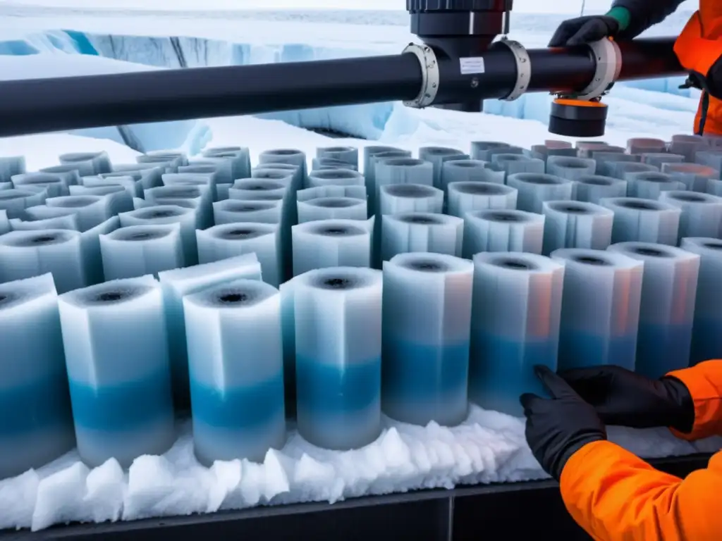 Extracción de núcleos de hielo: historia climática detallada Detalle asombroso de muestras de núcleos de hielo revelando la sensibilidad climática a lo largo de la historia, con científicos analizándolas meticulosamente en una tienda de investigación en el glaciar