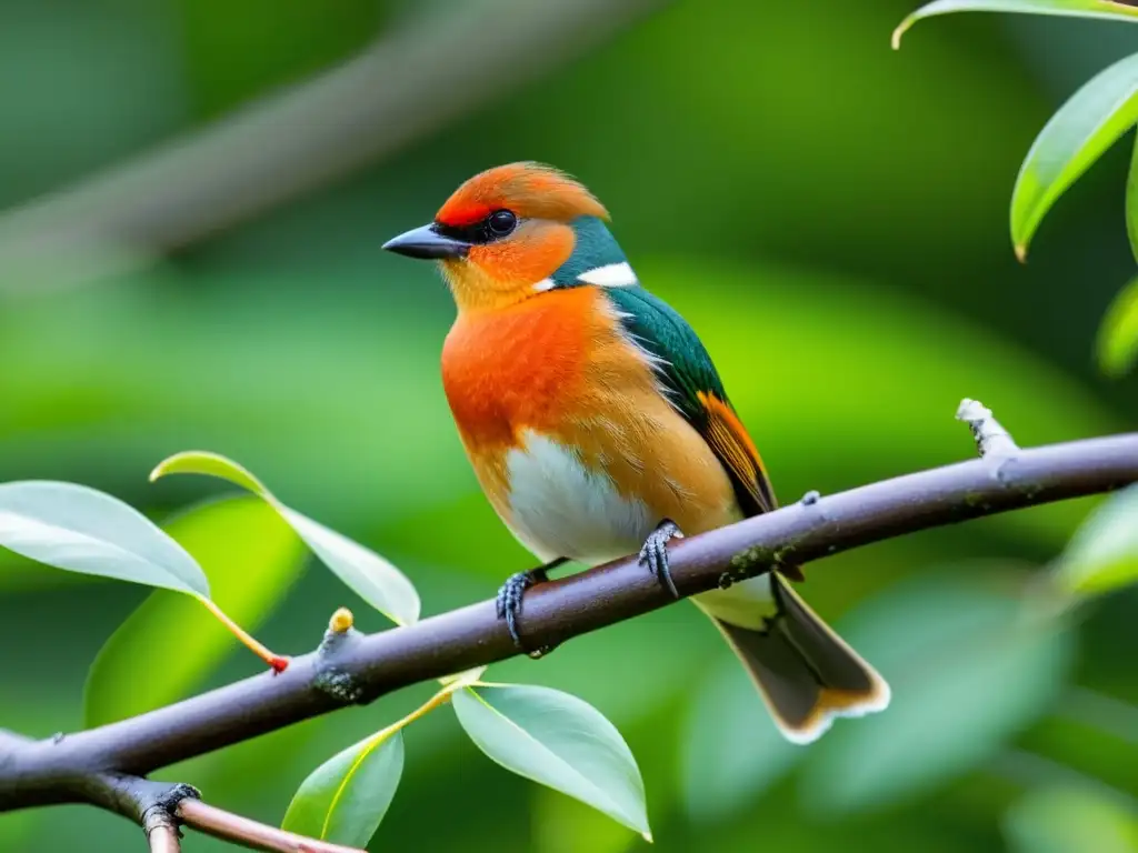 Detalle de ave migratoria rojo y naranja con semilla en pico, resaltando la importancia aves migratorias dispersión semillas en el ecosistema