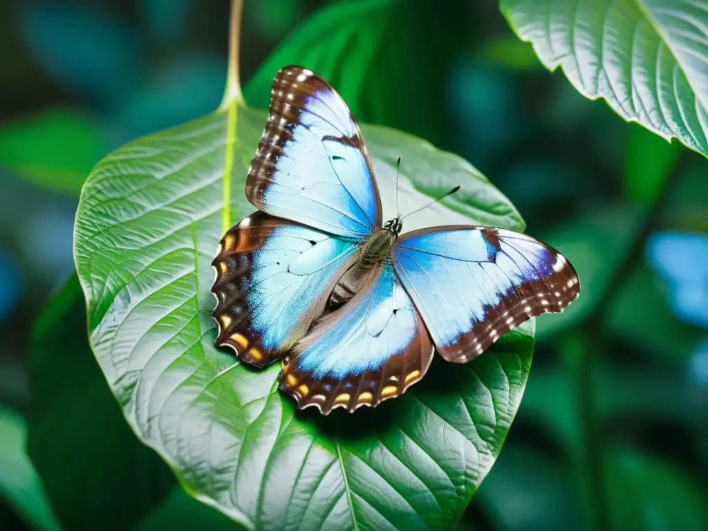 Detalle de mariposa morpho azul en hoja verde en la selva tropical, capturando la belleza del ecosistema