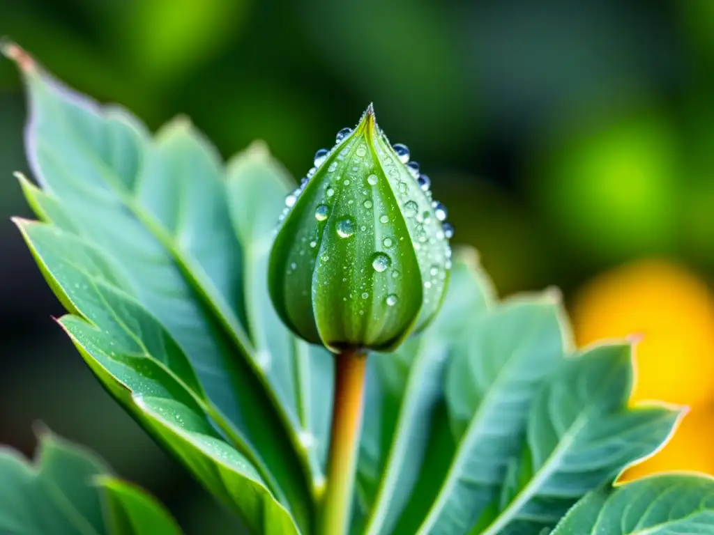 Detalle de un capullo de flor cubierto de gotas de agua, iluminado por el suave sol