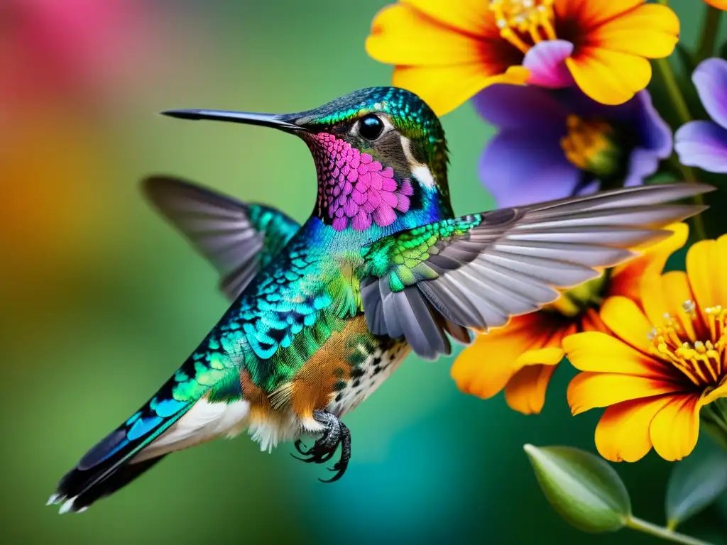 Colibrí vibrante entre flores: detalle asombroso Detalle de un colibrí vibrante frente a flores coloridas, destacando la importancia de la observación de aves en la ciencia ciudadana