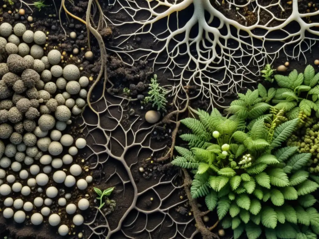 Detalle de la competencia microbiana en suelos forestales: red de raíces, hongos y microorganismos en un ecosistema de suelo forestal