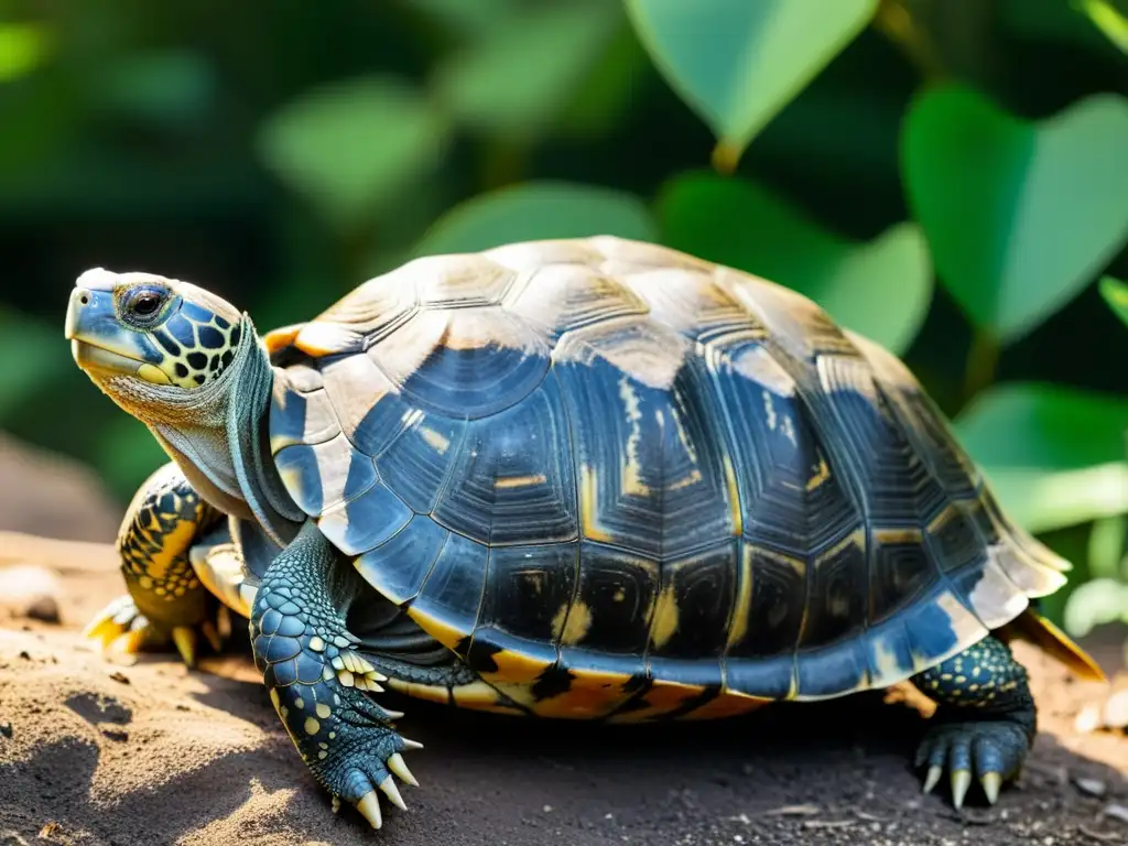 Detalle de la concha de tortuga Galápagos rodeada de exuberante vegetación