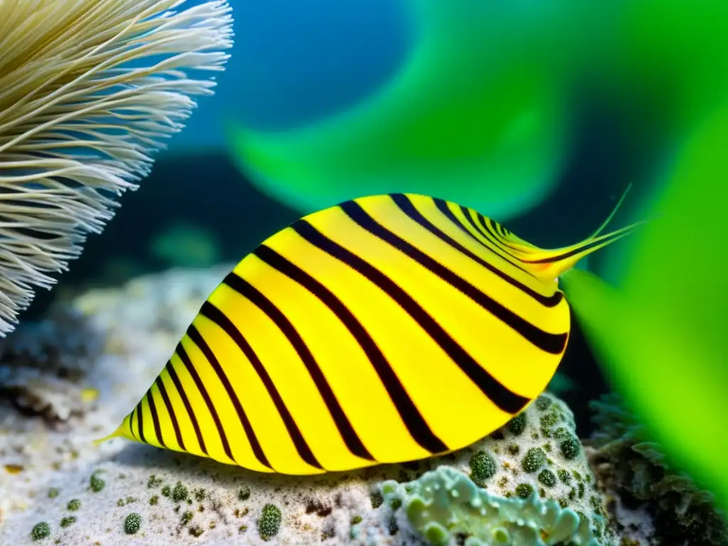 Detalle de una concha noble amarilla y negra entre seagrass mediterráneo, capturando la biodiversidad de los ecosistemas costeros