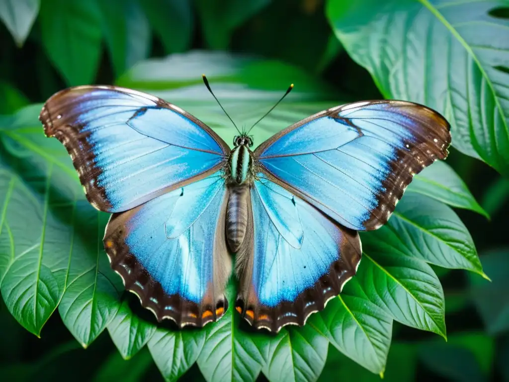 Detalle deslumbrante de una mariposa morpho azul en su hábitat natural