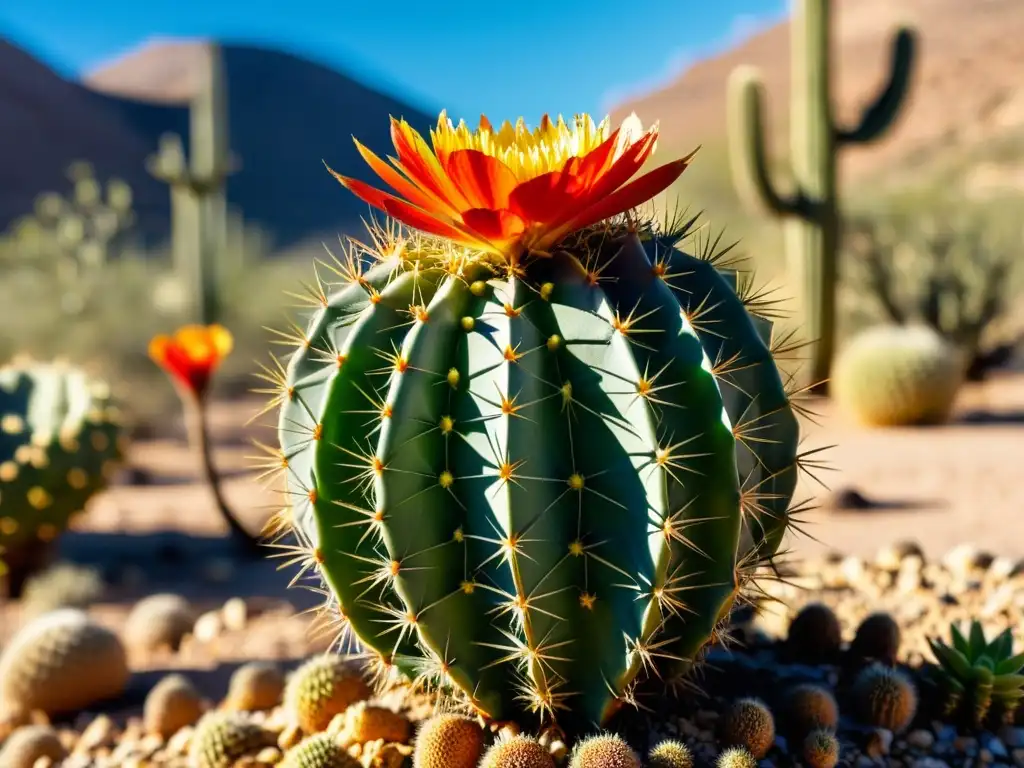 Detalle de cactus en ecosistema desértico: espinas, flores vibrantes y biodiversidad