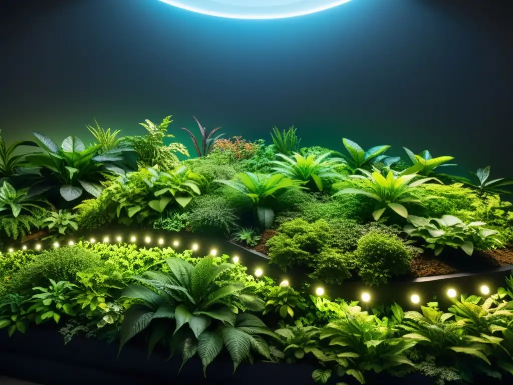 Detalle de ecosistema vibrante iluminado por tecnología LED, integrando armoniosamente la naturaleza