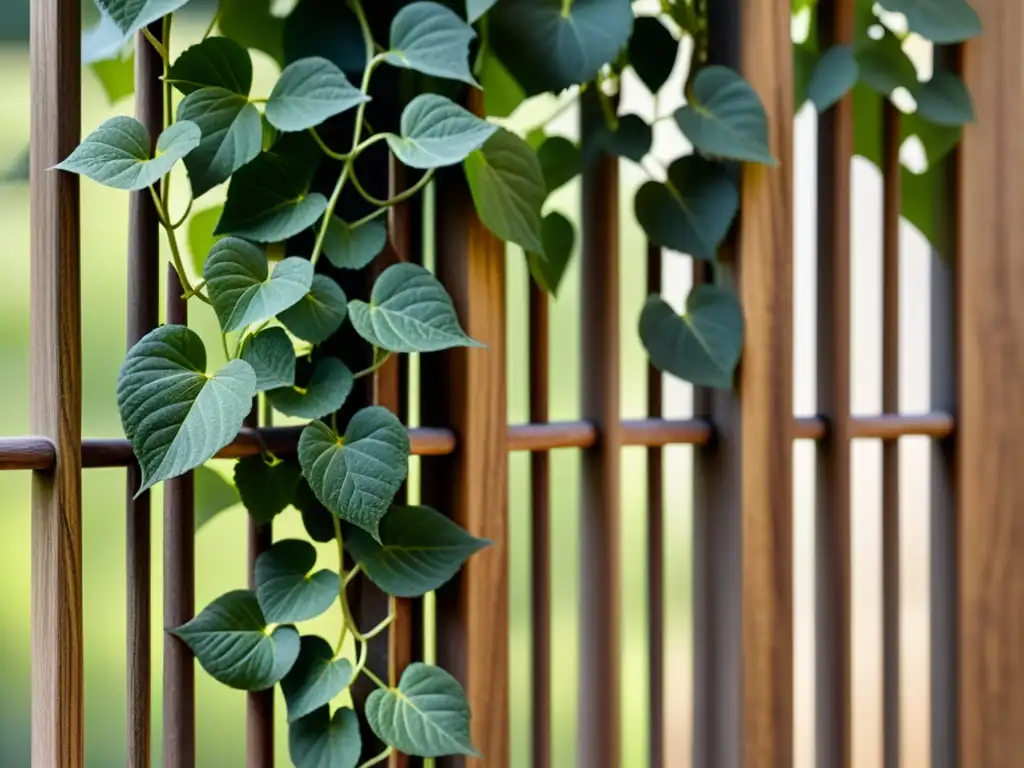 Detalle de enredaderas verdes enredándose en un enrejado de madera, mostrando la adaptación de plantas trepadoras hacia la luz del sol