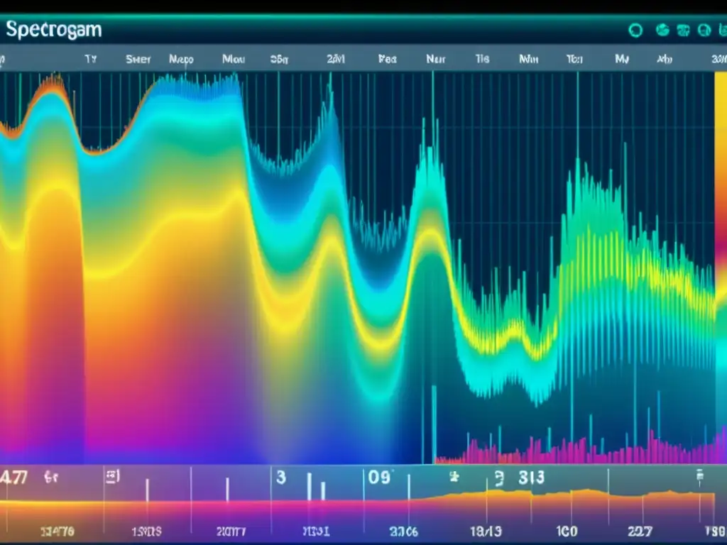 Detalle de espectrograma con sonidos de comunicación animal inaudibles, colores y anotaciones científicas, evocando descubrimiento y ciencia