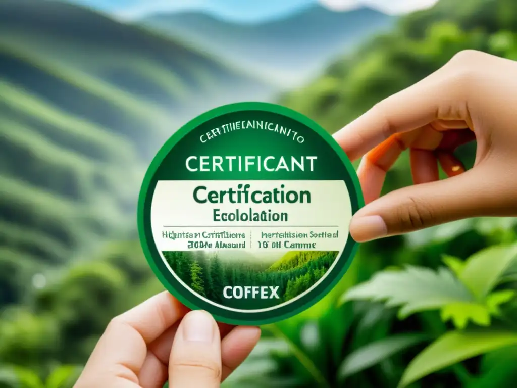 Detalle de etiqueta de certificación ecológica con diseños naturales y colores vibrantes