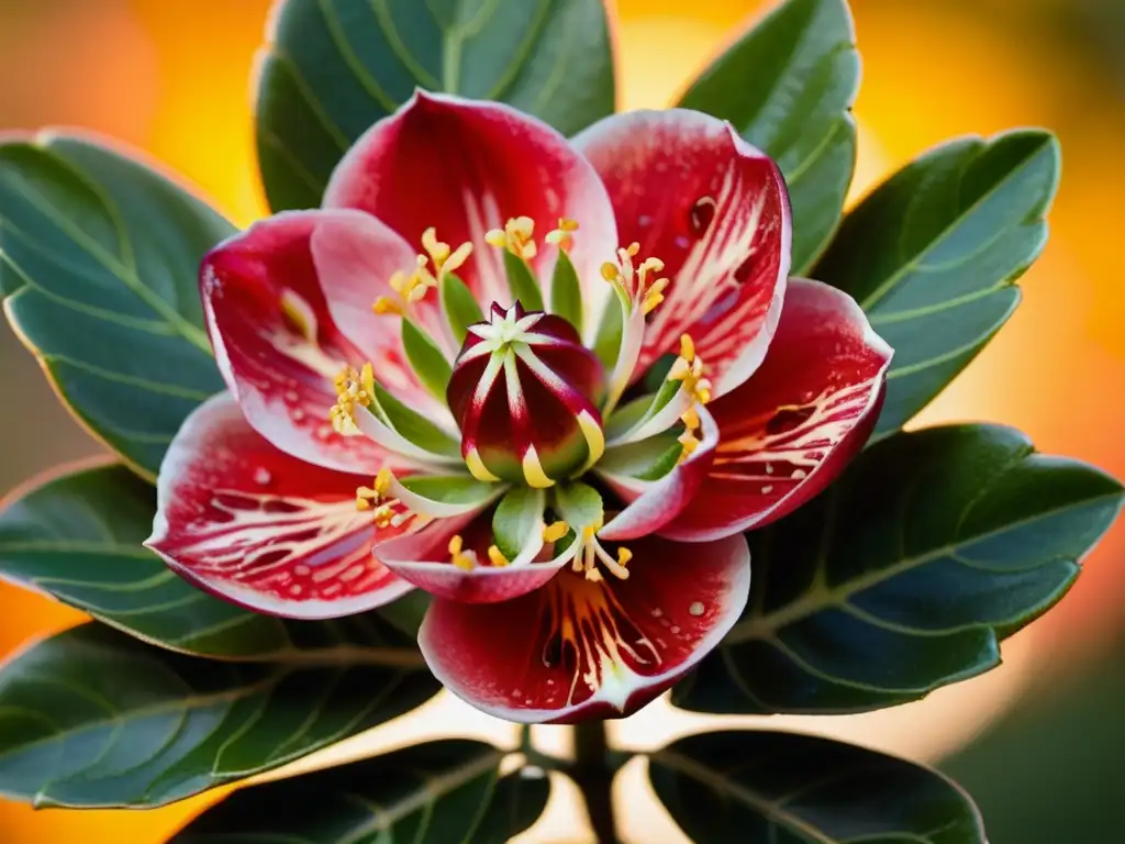 Detalle de una exquisita flor de granada bañada por la suave luz dorada del Mediterráneo, preservación de semillas endémicas del Mediterráneo