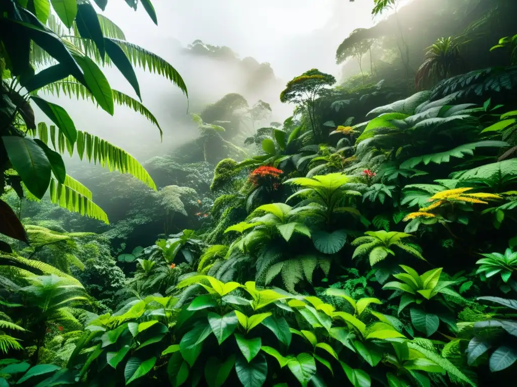 Detalle de la exuberante biodiversidad de plantas medicinales en un bosque nublado, con luz filtrándose entre la vegetación y una atmósfera mística