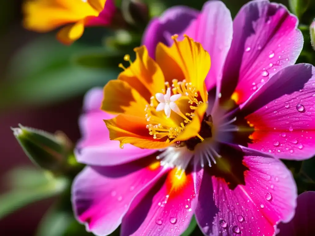 Detalle de la exuberante flor endémica del Mediterráneo, Cistus creticus, con gotas de rocío y luz cálida, en un paisaje mediterráneo