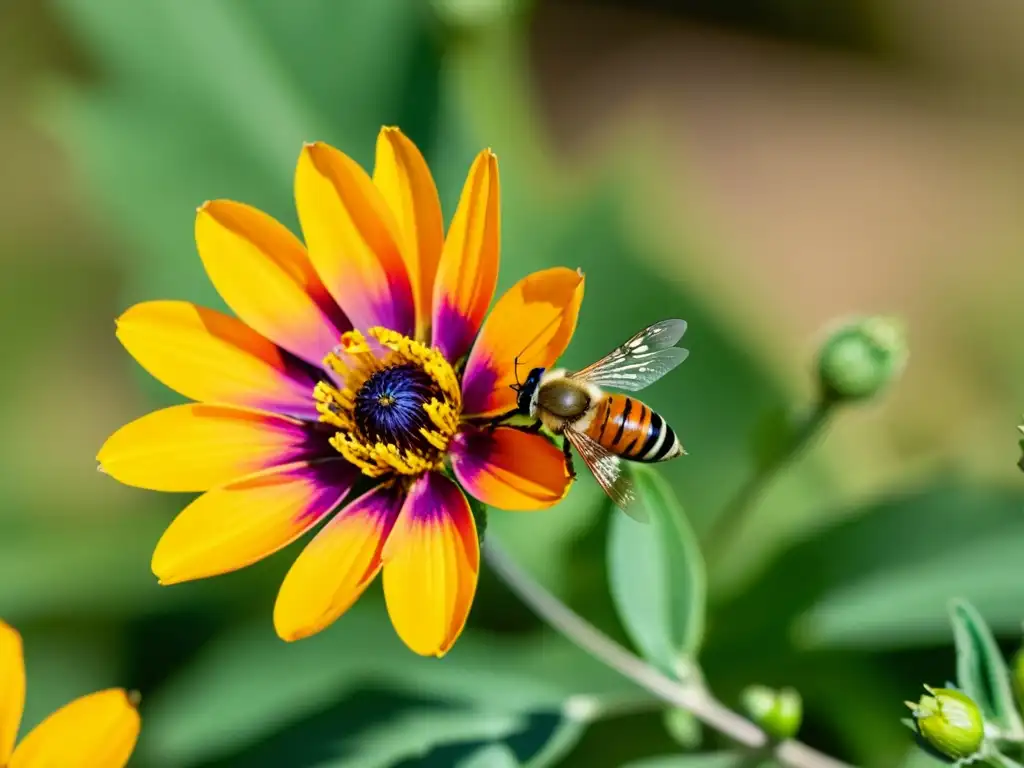 Detalle de la exuberante flora y fauna del Parque Nacional Doñana, con una Adonis annua en primer plano y una abeja recolectando néctar