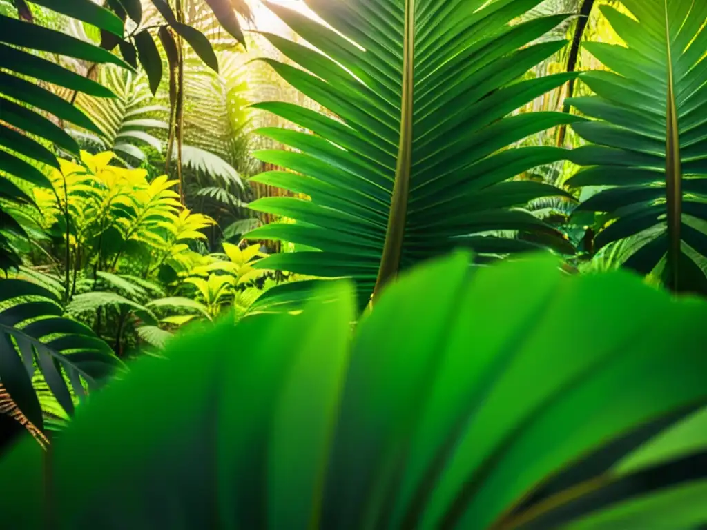 Detalle de exuberante selva tropical, con diversidad de plantas y un juego de luz y sombra