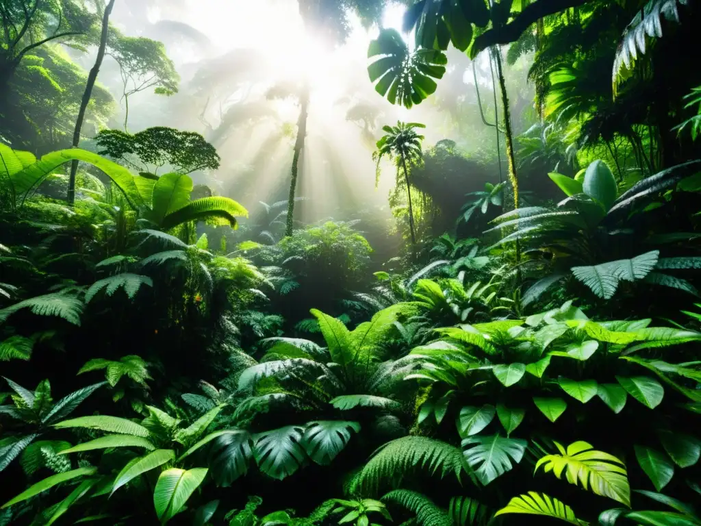 Detalle de exuberante selva tropical con microclimas, variedad de especies vegetales y luz solar filtrándose