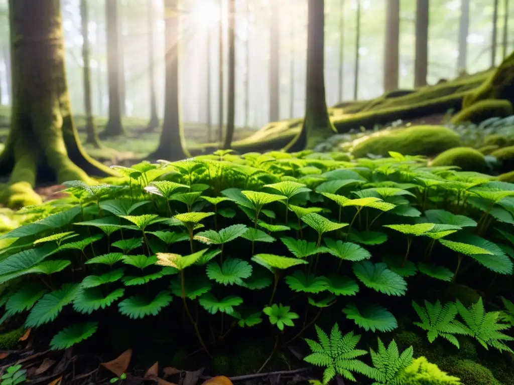 Detalle de un exuberante suelo forestal con plantas delicadas y musgo verde vibrante