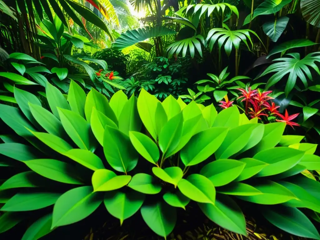 Detalle exuberante del suelo de la jungla, con hojas verdes vibrantes y flores exóticas, destacando estrategias reproductivas de plantas en la jungla