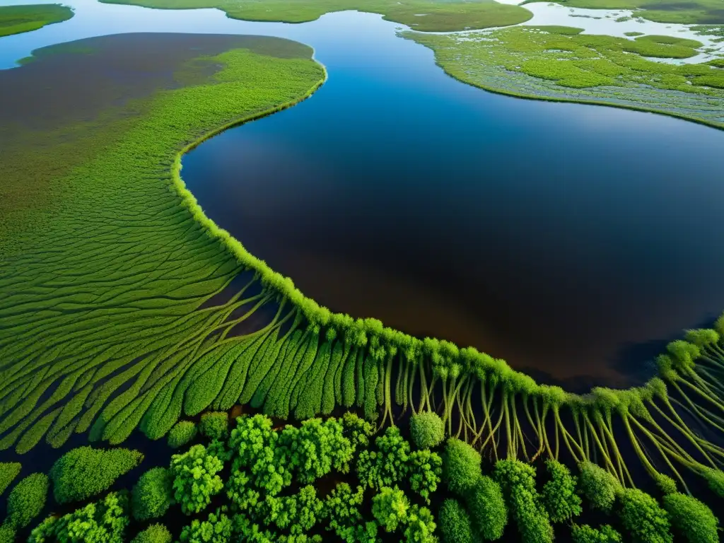 Detalle fascinante de fitodepuración de aguas residuales en un ecosistema de humedal