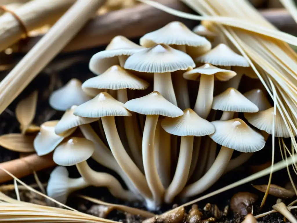 Detalle fascinante: hongos ostra en cultivo de setas en el jardín, con gotas de agua y tonos terrosos resaltados por la luz natural