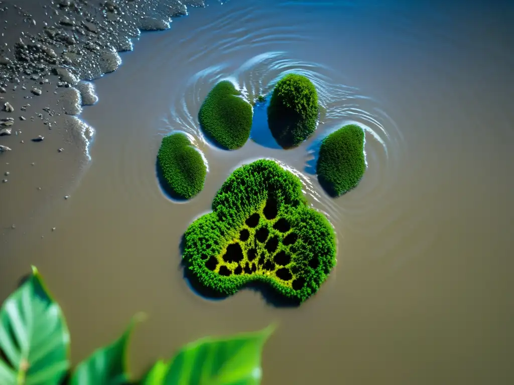 Detalle fascinante de la huella de jaguar en el fango del río en la selva tropical