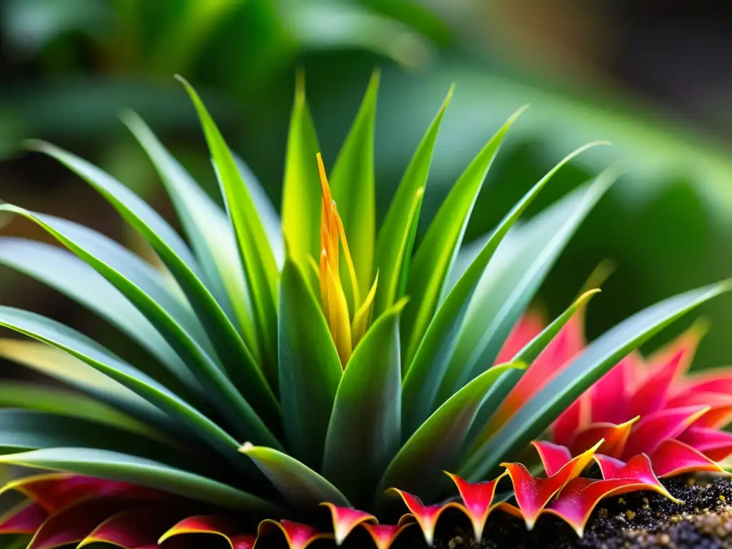 Microecosistema fascinante: Detalles de la bromelia Detalle fascinante de microecosistemas bromelias, donde la vida florece en un mundo complejo de luz y sombra