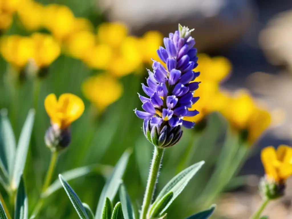 Detalle de una flor de lavanda española en su hábitat natural del ecosistema Mediterráneo, con plantas endémicas en el fondo