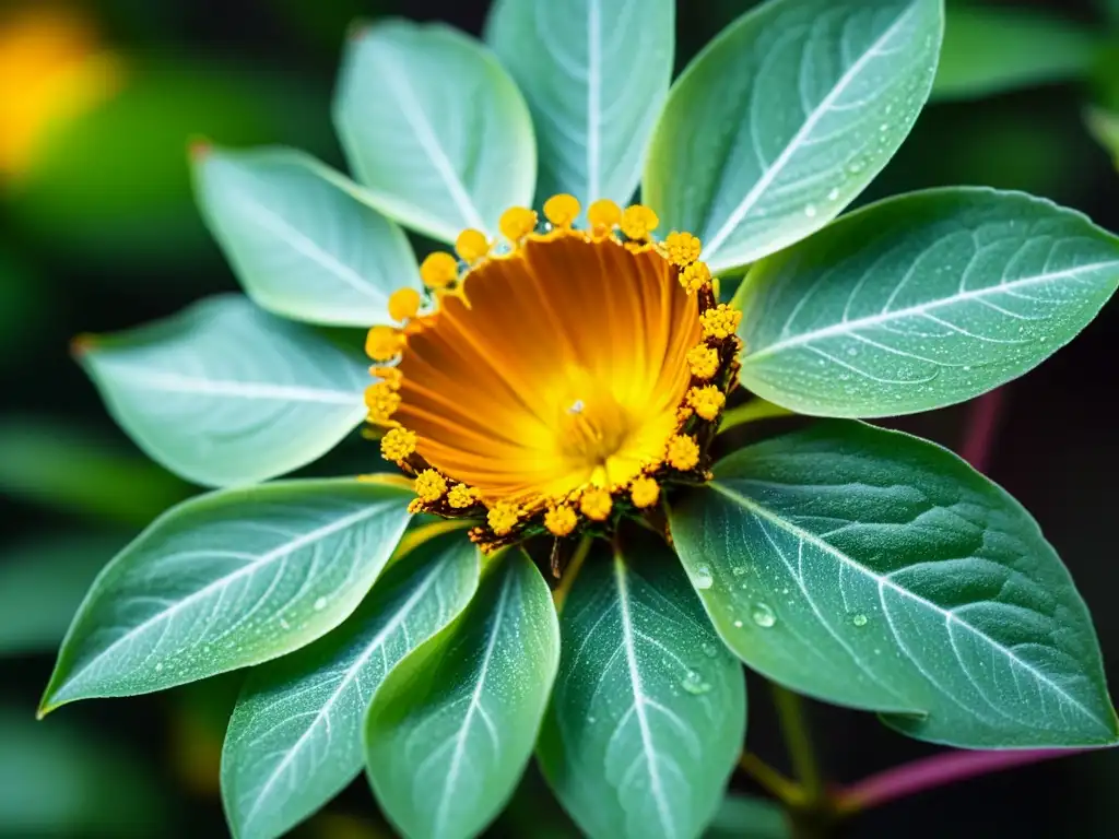 Detalle de una flor en floración rodeada de hojas verdes, con rocío matutino