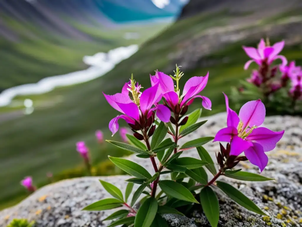 Detalle de la flora medicinal de la Tundra: la vibrante fireweed rosa destaca en el paisaje rocoso, creando una atmósfera mística y única