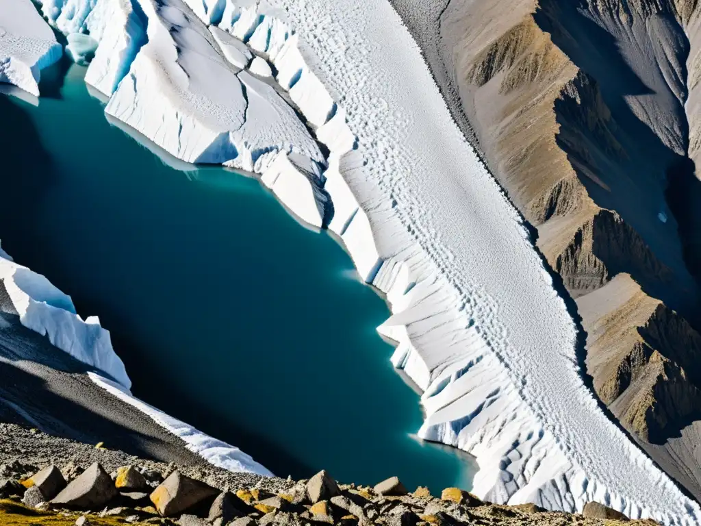 Detalle del glaciar en los Andes, mostrando el impacto del cambio climático en los ecosistemas de agua dulce