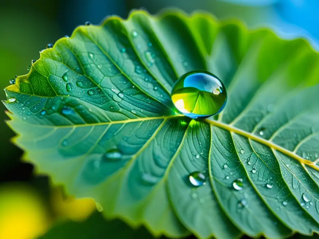 Detalle de gota de agua en hoja verde, reflejando el entorno y mostrando impurezas