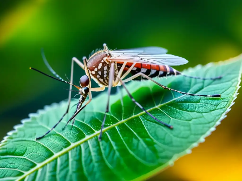 Detalle de mosquito en gota de agua sobre hoja en selva tropical, resaltando la expansión de patógenos en ecosistemas vulnerables