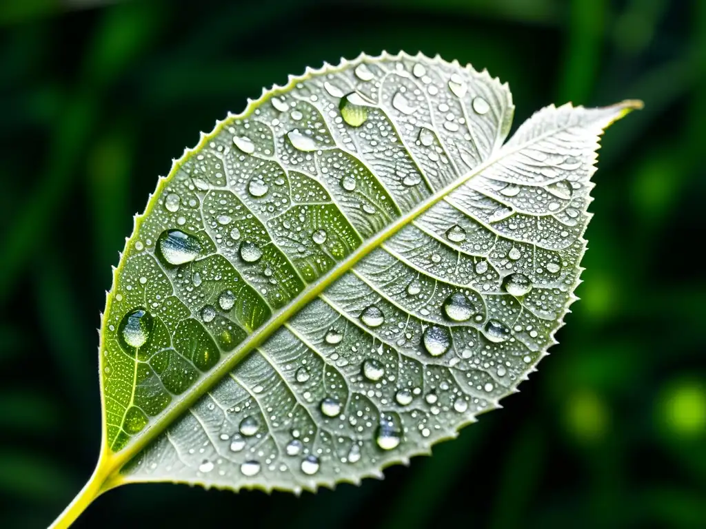 Detalle de hoja con gotas de defensa química, estrategias defensa química plantas herbívoros