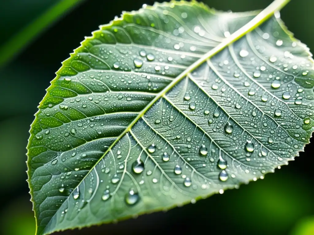 Detalle de hoja de planta con estrategias defensa química contra herbívoros, gotas relucientes al sol