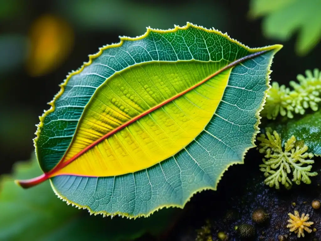 Detalle de hoja en la selva lluviosa, mostrando relaciones interespecíficas parasitarias y simbióticas entre plantas, insectos y microorganismos