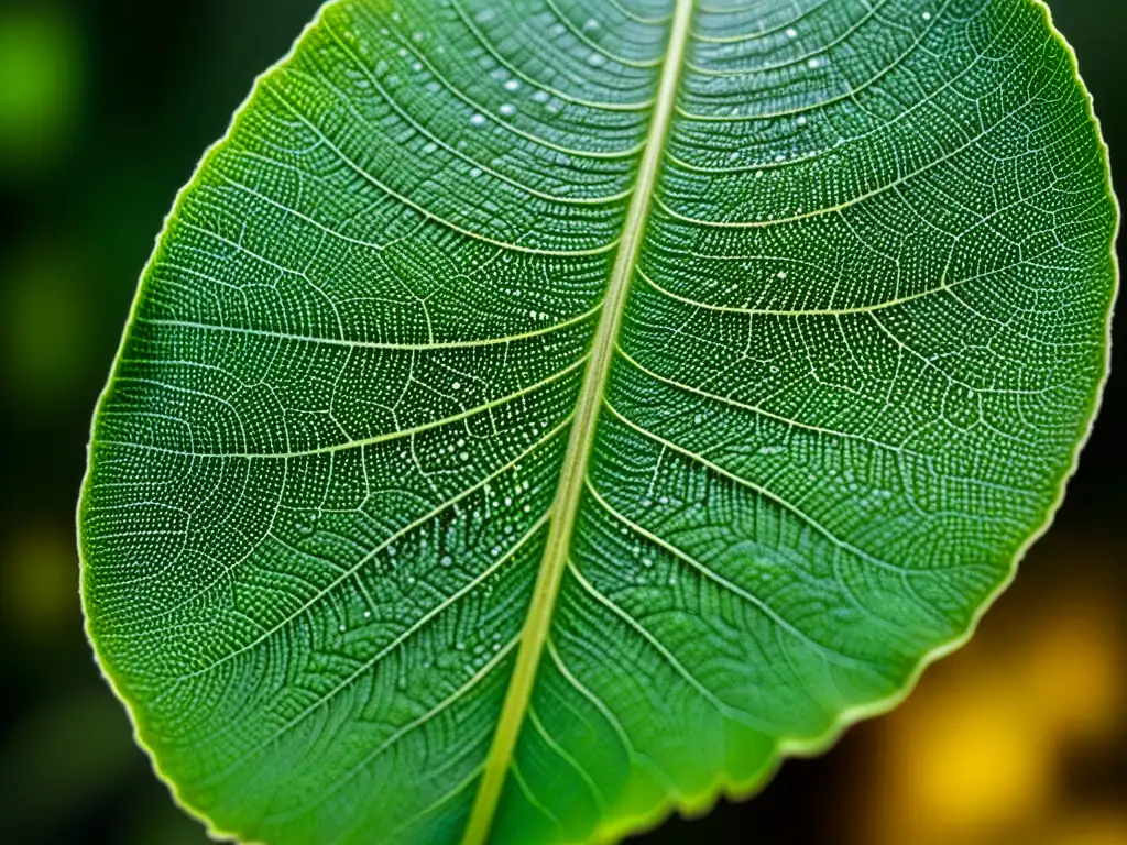 Detalle de hoja tropical cubierta de esporas fungicidas, mostrando interacciones insectos fungicidas balance ecosistemas