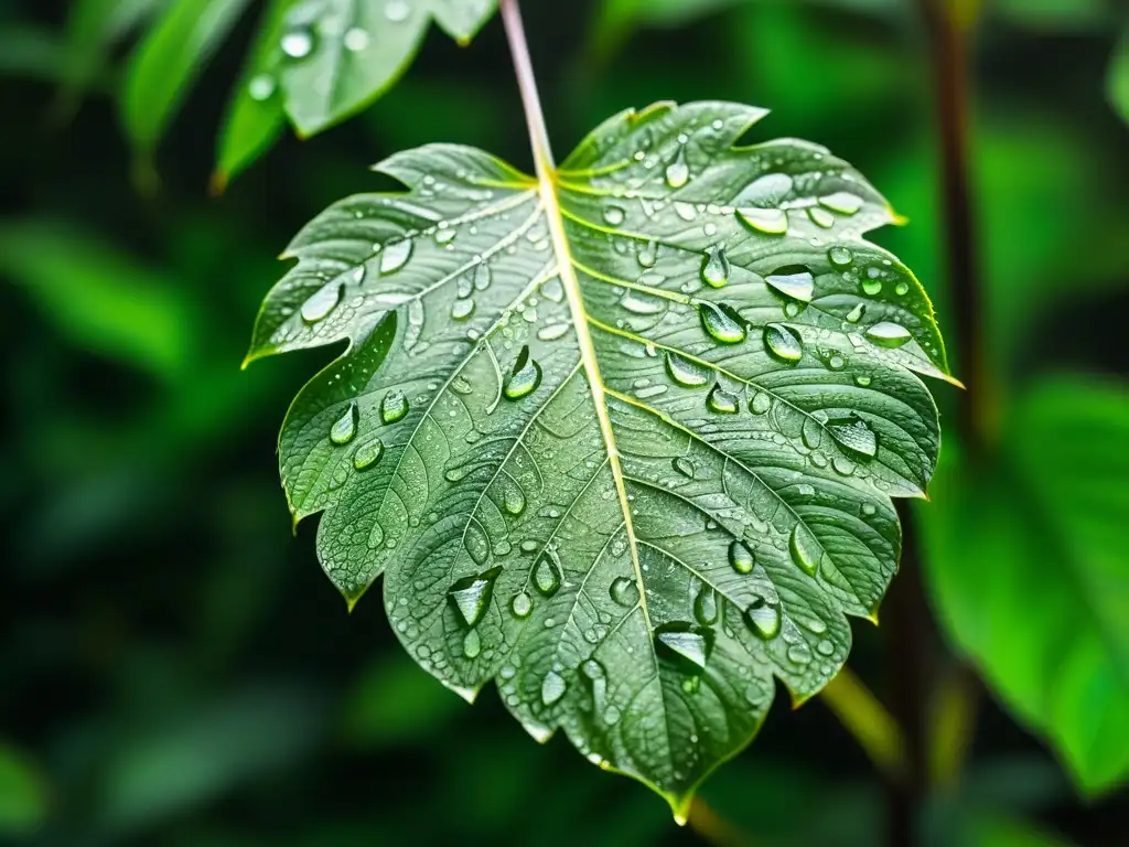 Gotas de agua en hoja verde de la selva amazónica Detalle de hoja verde brillante con gotas de agua, en selva amazónica