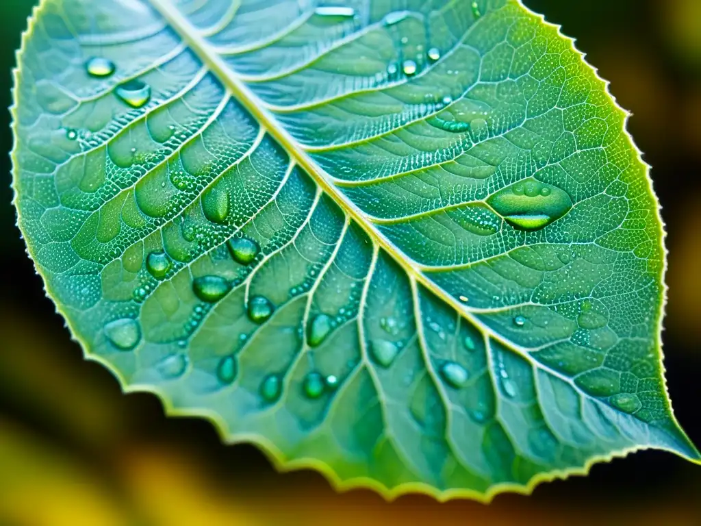 Detalle de una hoja verde con adaptación fotosintética al cambio climático, mostrando sus estomas, cloroplastos y venas, con gotas de agua