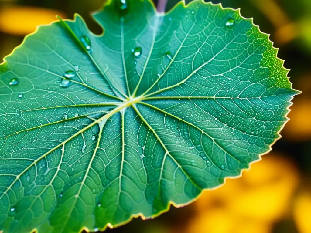 Detalle de hoja verde en parque urbano, con patrones de venas, gotas de agua y luz dorada, resaltando biodiversidad