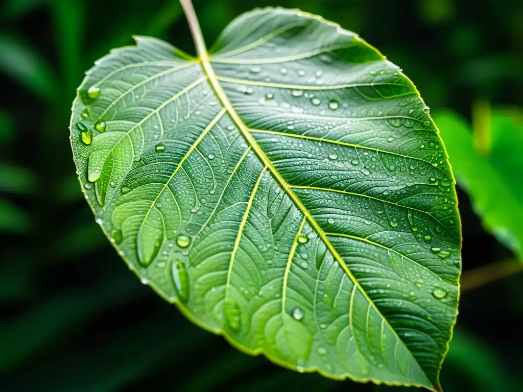 Detalle de hoja verde en selva Congo, exploración biodiversidad, texturas y gotas de agua revelan la belleza natural